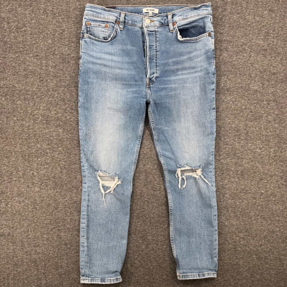 RE/DONE 90s High‎ Rise Ankle Crop Jeans Light Wash Distressed Blue Size 32